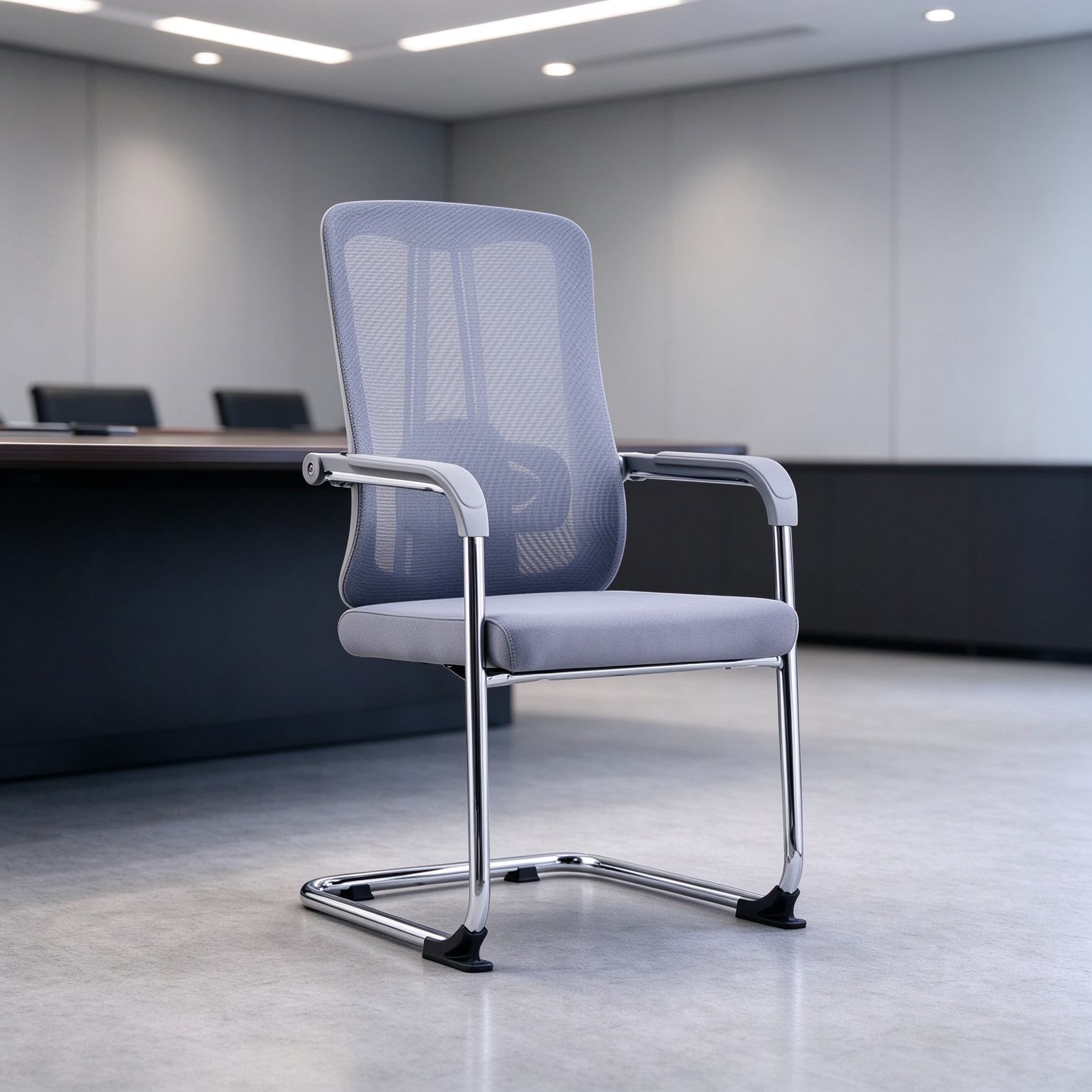 Modern Executive Office Chair with Wheels Chrome Base Aluminum Wheels Grey Curved Back Ergonomic Design detail 6