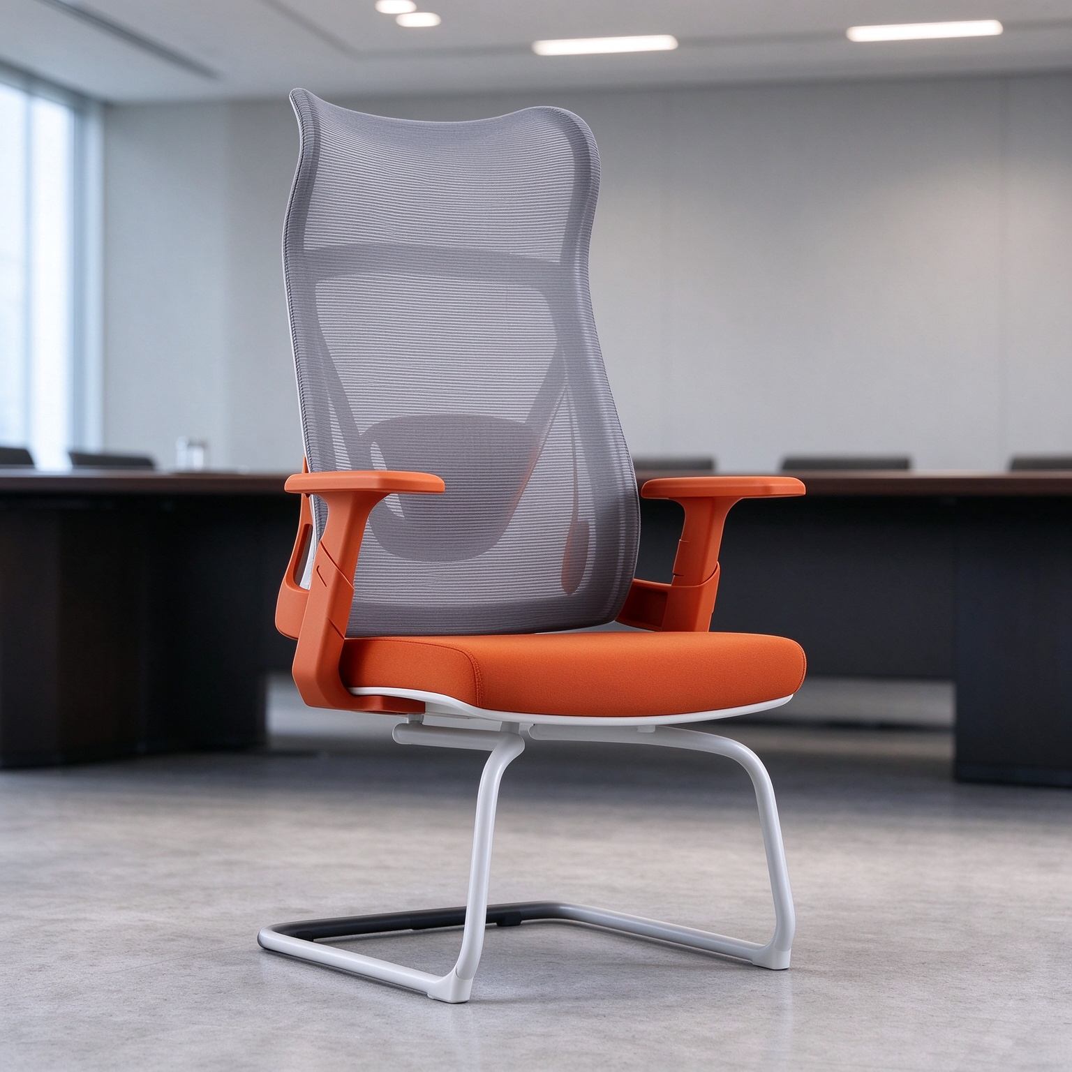 Modern Comfort Office Visitor Chair Chrome Sled Base Mesh Back Black Cushioned Seat Armrest Gliding detail 6