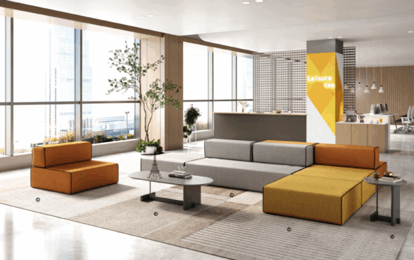 Warehouse showing stacked modular office booth components ready for shipment