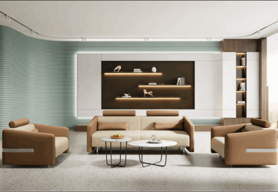 Modern office with neatly stacked chairs