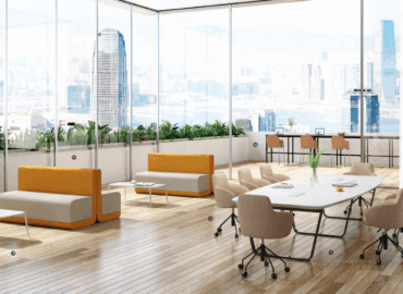 Modern office interior with rectangular tables