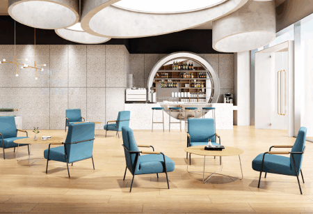 Modern office cafeteria with stylish chairs and tables