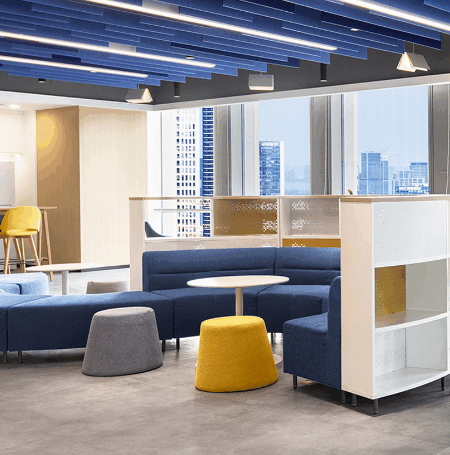 Variety of office privacy pods in different sizes and colors