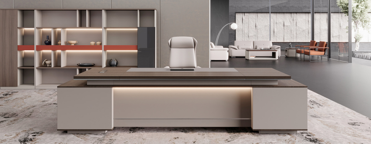 Contemporary L-shaped reception desk with integrated lighting