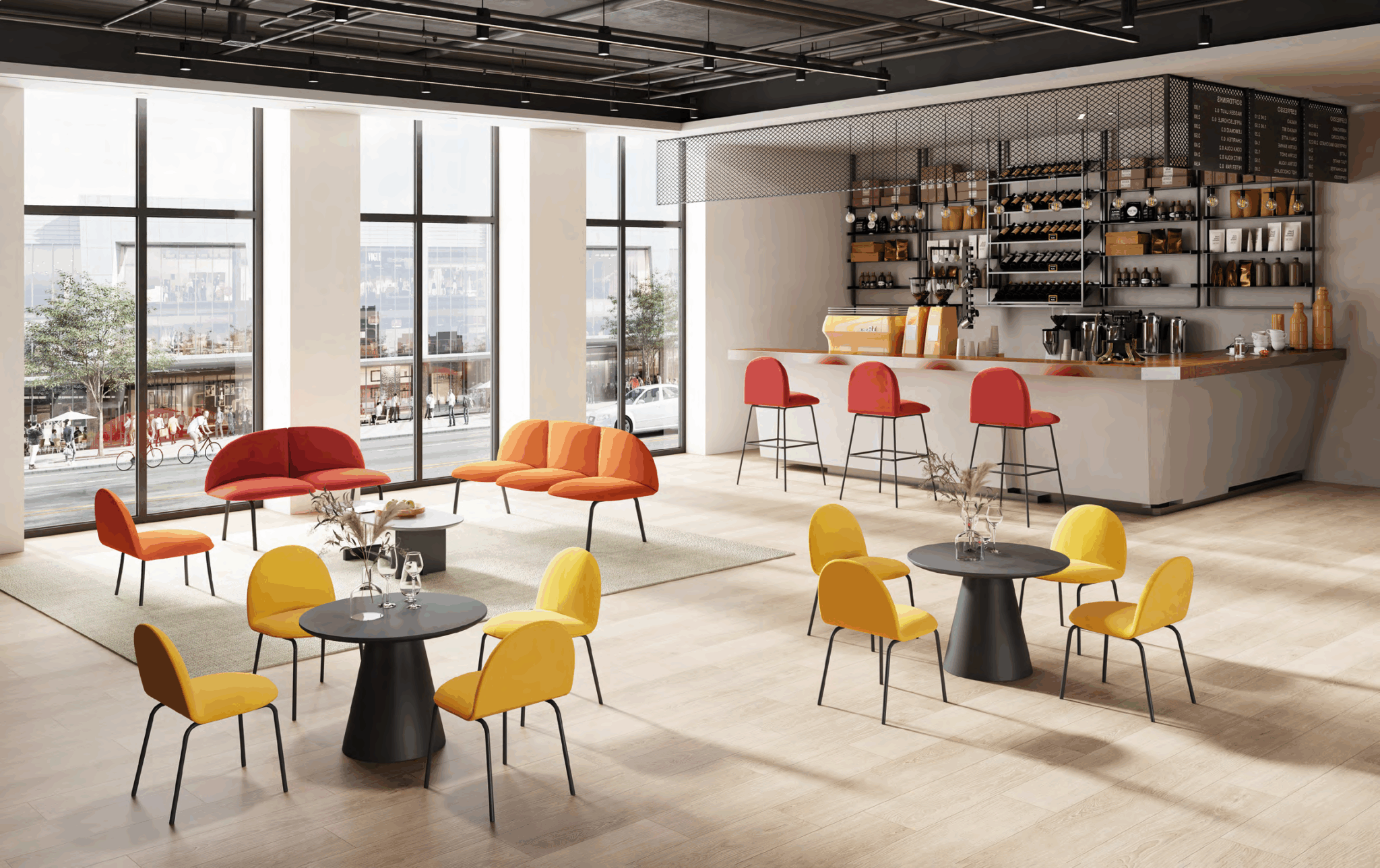 Warehouse full of stacked office furniture