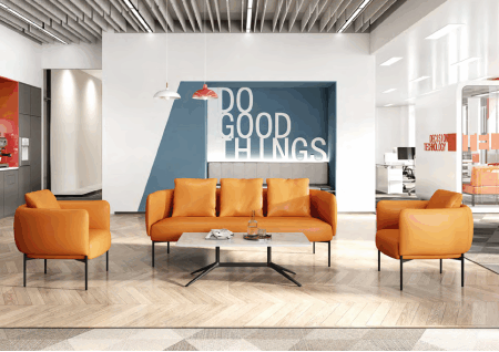 Warehouse with neatly stacked bulk ergonomic office furniture packages