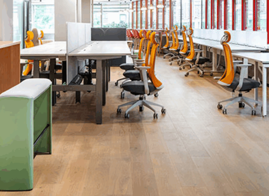 Modern office interior with rows of ergonomic office chairs with arms