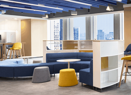 Modern office training desks arranged in a classroom setup