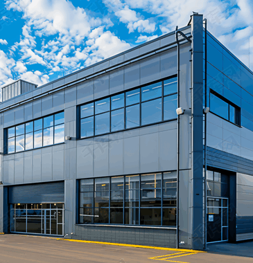 Modern warehouse with stacks of commercial office shelving units